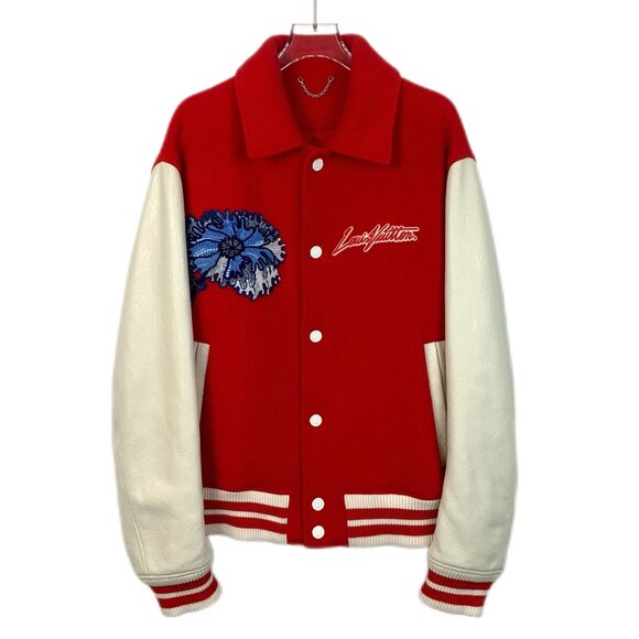 Louis Vuitton Red & White Varsity Jacket With Blue Embroidery Size 50 Wool & Cow - Picture 1 of 7